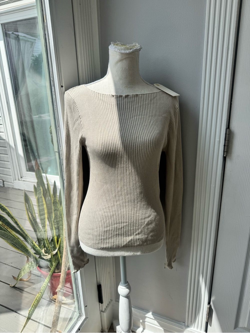 Ribbed Long Sleeve Boatneck Sweater - Cream